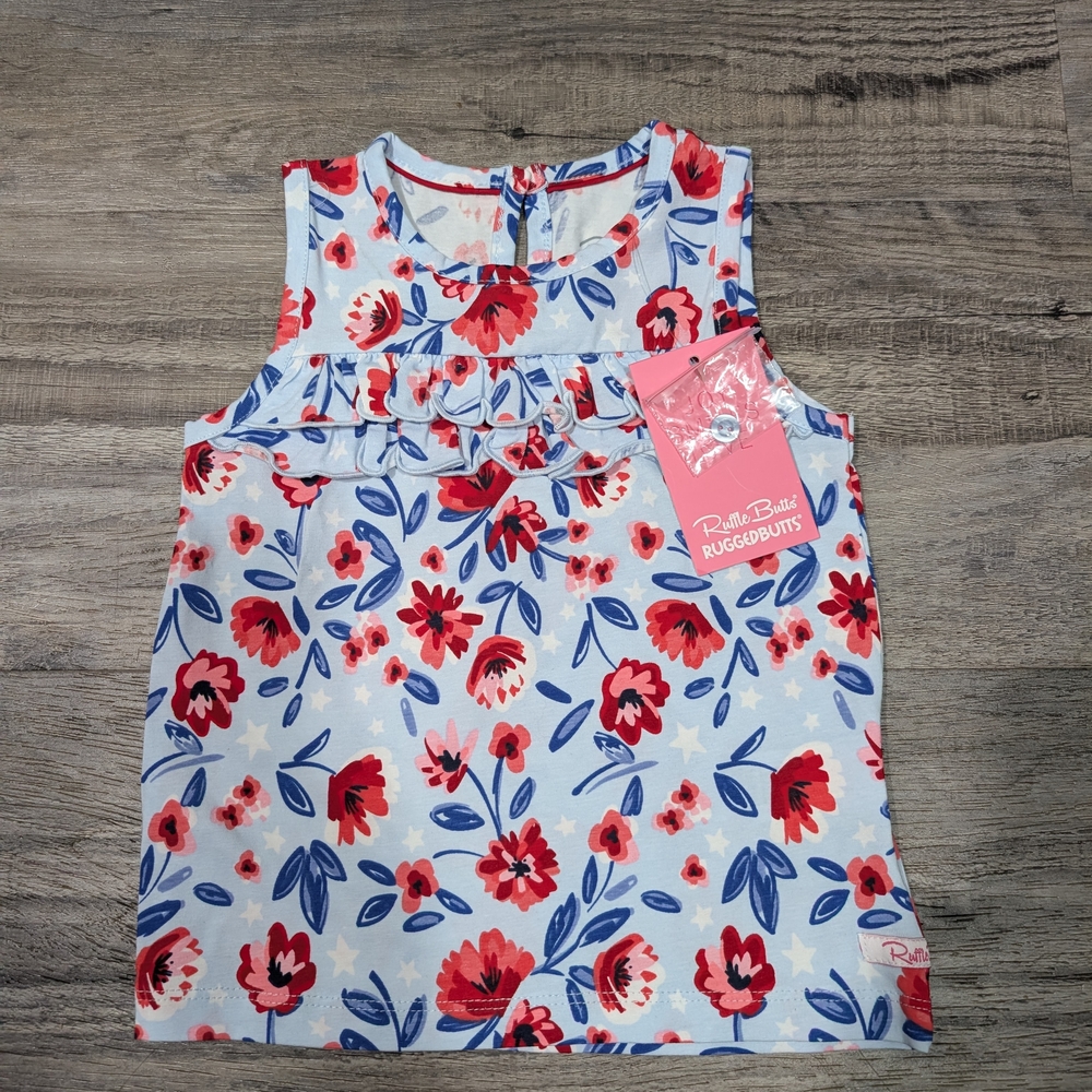 Ruffle Butts White Tank with Red & Blue Floral Ruffle